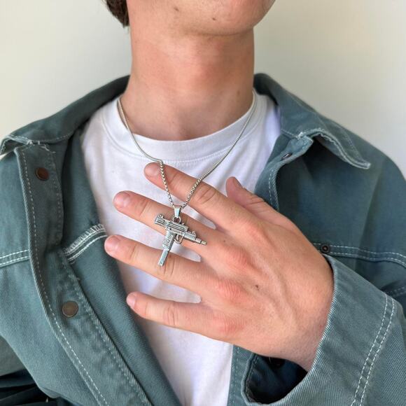 Y2K Silver Stainless Steel Uzi Necklace Urban Pendant Unisex Streetwear New - Picture 4 of 10